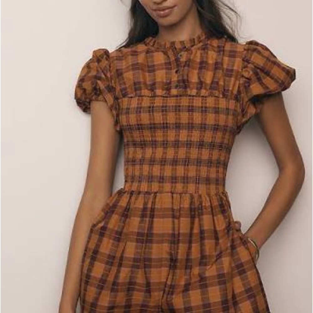 Anthropologie Plaid Jumpsuit in Brown and Orange